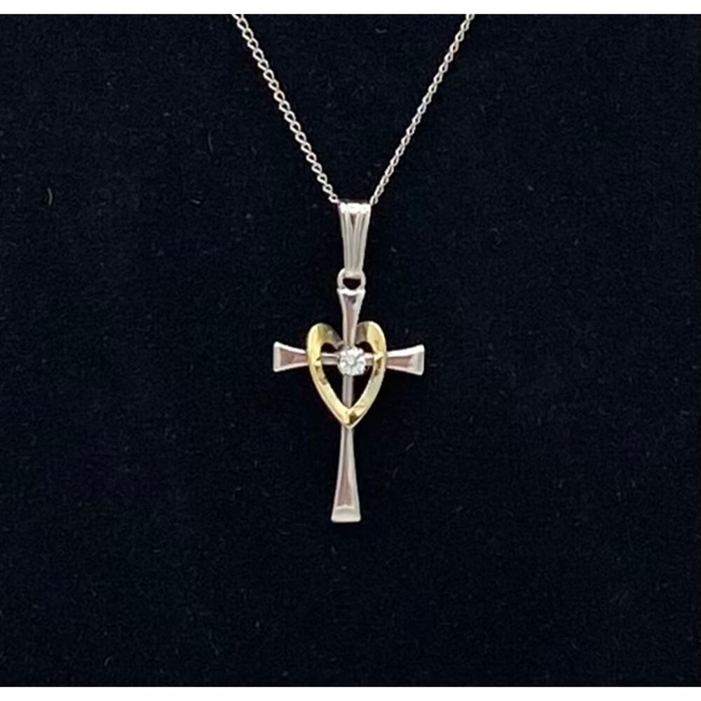 Sterling Silver Cross Necklace Cubic Zirconia Center Stone and Gold-Plated Heart